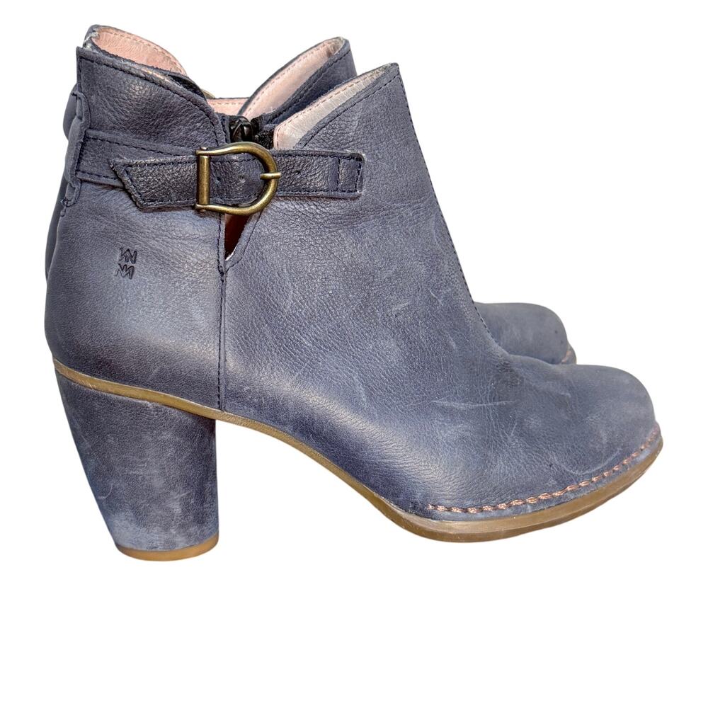 El Naturalista Blue Leather Ankle Boots Womens Block Heel Zip Buckle Booties 36